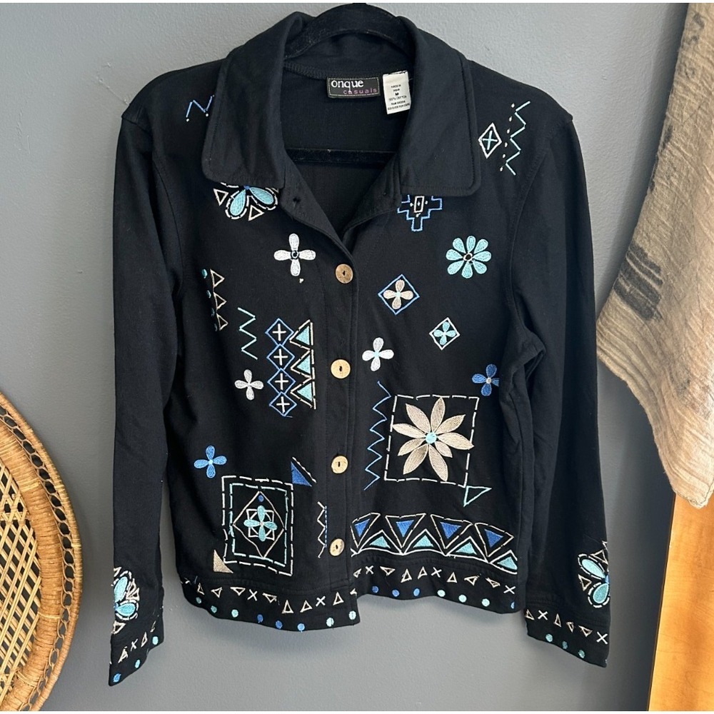 Onque Casuals Vintage Womens Jacket Size M Black Floral Embroidered Cardigan Top